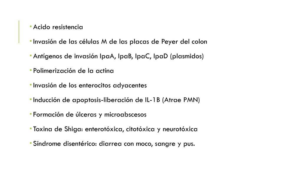 Acido resistencia Invasión de las células M de las placas de Peyer del colon. Antígenos de invasión IpaA, IpaB, IpaC, IpaD (plasmidos)
