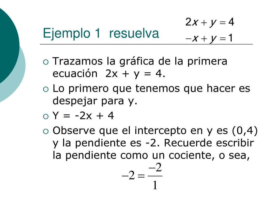 Ejemplo 1 resuelva Trazamos la gráfica de la primera ecuación 2x + y = 4. Lo primero que tenemos que hacer es despejar para y.