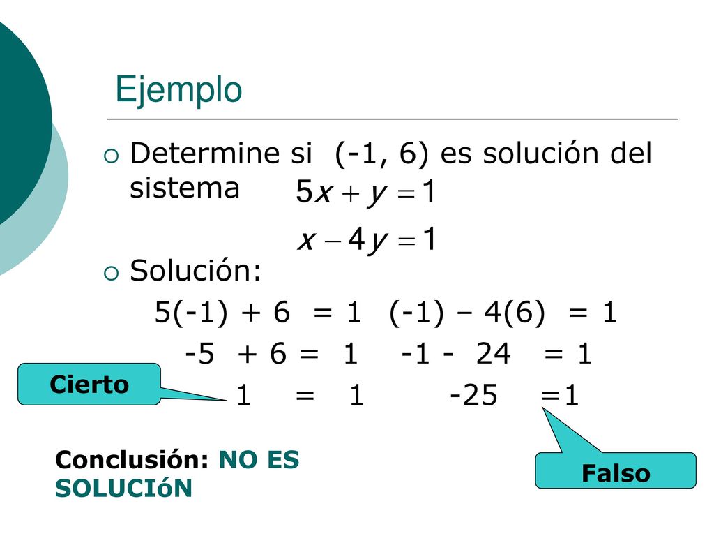Ejemplo Determine si (-1, 6) es solución del sistema Solución: