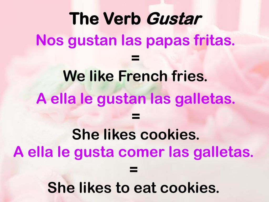 The Verb Gustar Nos gustan las papas fritas. = We like French fries.