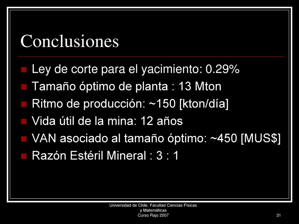 Conclusiones Ley de corte para el yacimiento: 0.29%