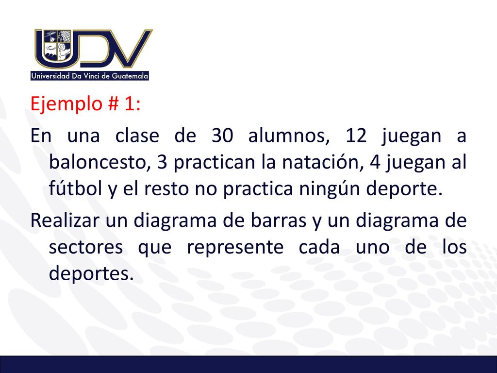 Ejemplo # 1: En una clase de 30 alumnos, 12 juegan a baloncesto, 3 practican la natación, 4 juegan al fútbol y el resto no practica ningún deporte.