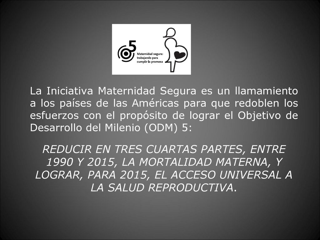 La Iniciativa Maternidad Segura es un llamamiento a los países de las Américas para que redoblen los esfuerzos con el propósito de lograr el Objetivo de Desarrollo del Milenio (ODM) 5:
