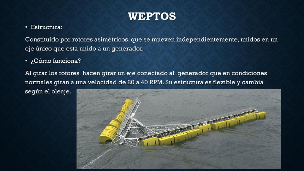Weptos Estructura: Constituido por rotores asimétricos, que se mueven independientemente, unidos en un eje único que esta unido a un generador.