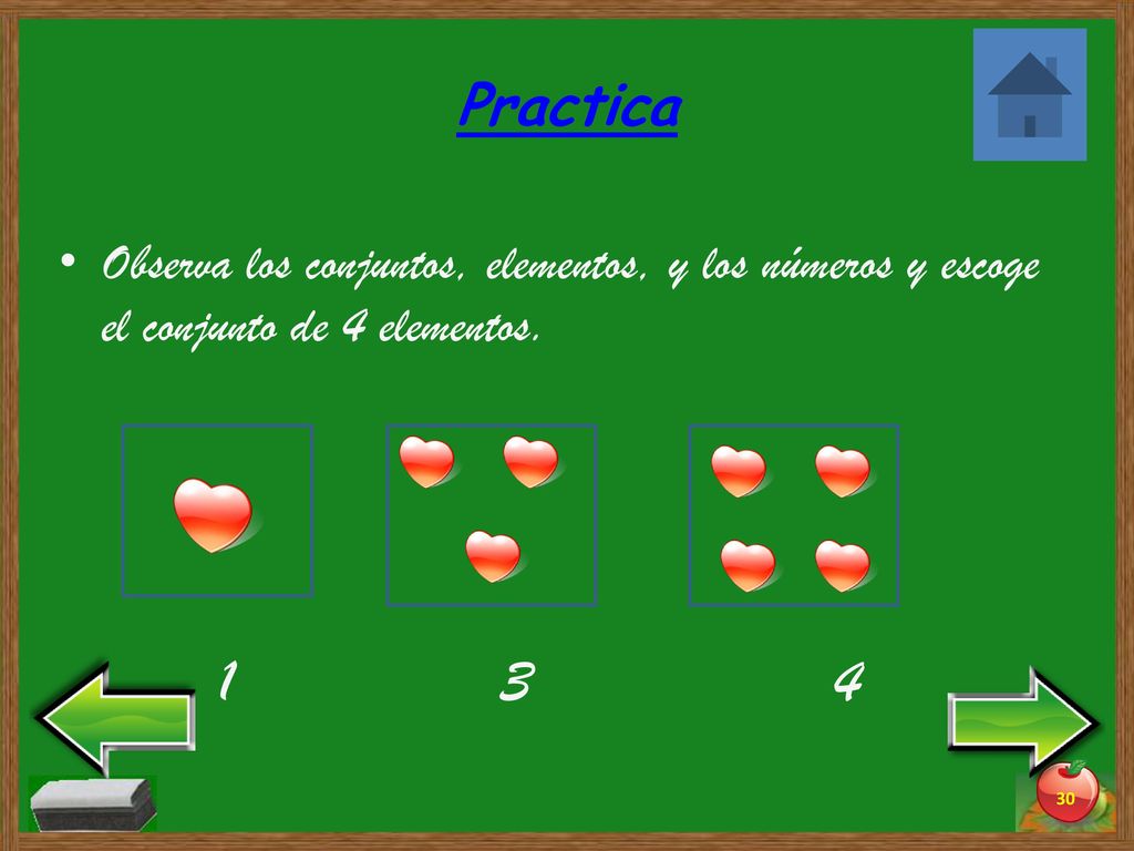 Practica Observa los conjuntos, elementos, y los números y escoge el conjunto de 4 elementos.