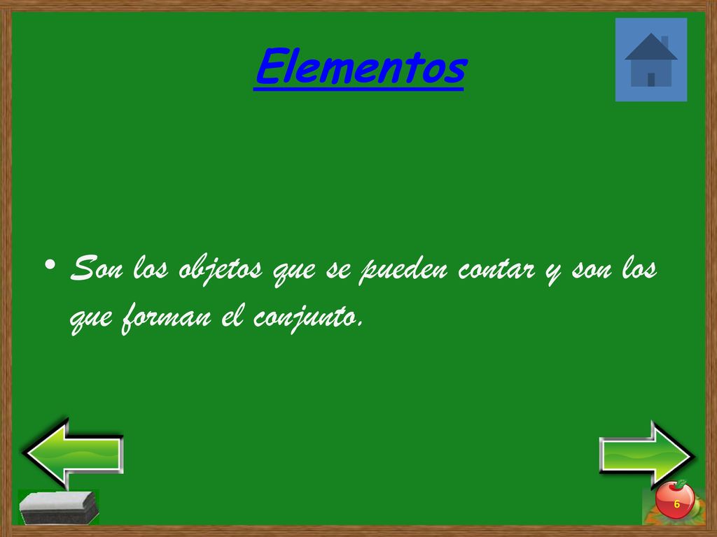 Elementos Son los objetos que se pueden contar y son los que forman el conjunto.
