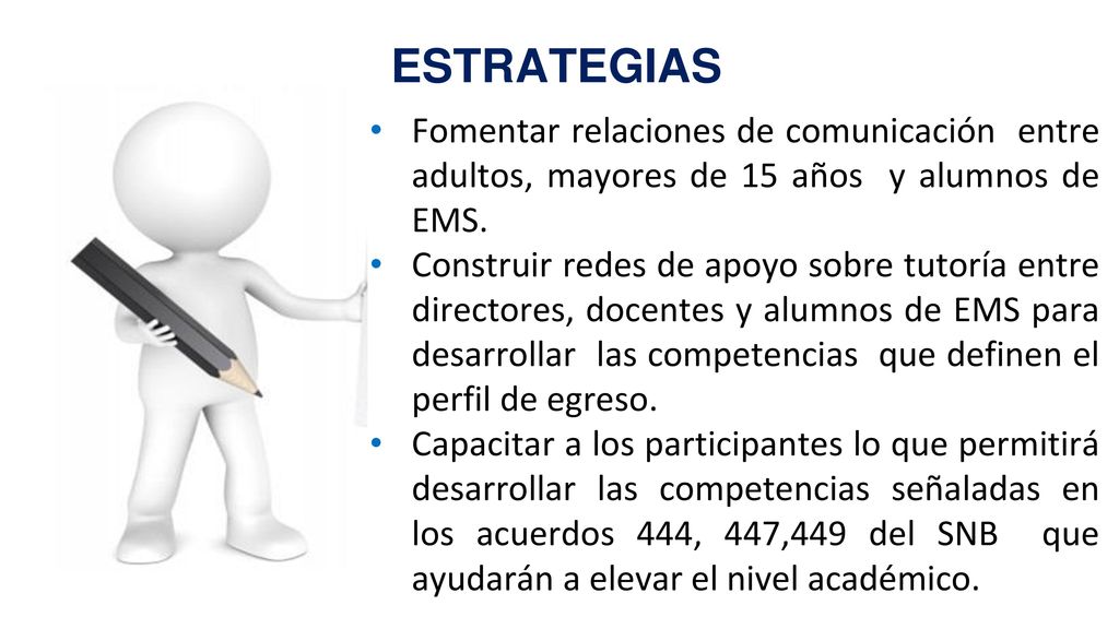 ESTRATEGIAS Fomentar relaciones de comunicación entre adultos, mayores de 15 años y alumnos de EMS.