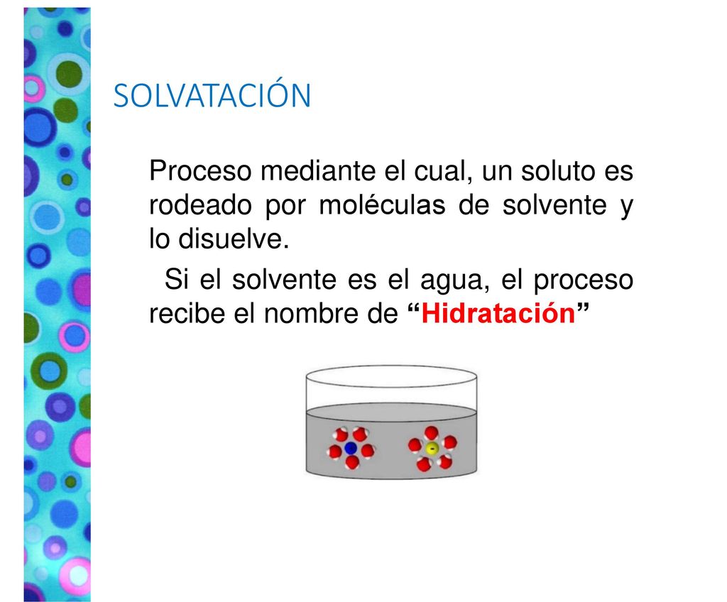 SOLVATACIÓN Proceso mediante el cual, un soluto es rodeado por moléculas de solvente y lo disuelve.