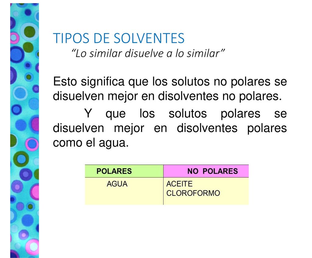 TIPOS DE SOLVENTES Lo similar disuelve a lo similar