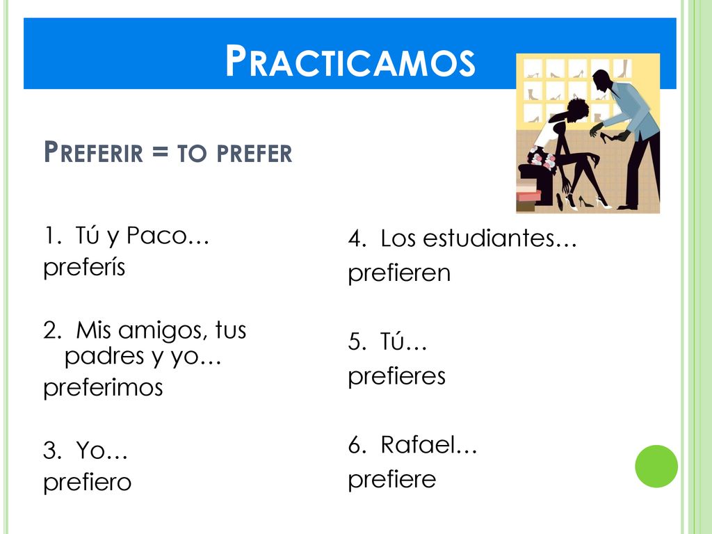 Practicamos Preferir = to prefer 1. Tú y Paco… preferís