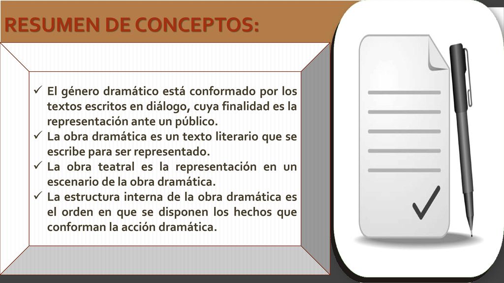 Resumen de conceptos: El género dramático está conformado por los textos escritos en diálogo, cuya finalidad es la representación ante un público.
