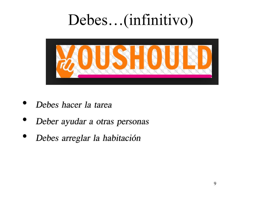 Debes…(infinitivo) Debes hacer la tarea Deber ayudar a otras personas