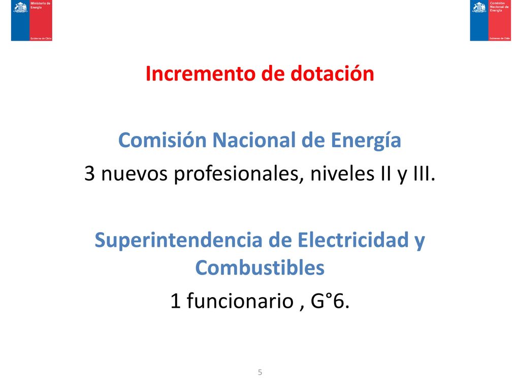 Incremento de dotación Comisión Nacional de Energía 3 nuevos profesionales, niveles II y III. Superintendencia de Electricidad y Combustibles 1 funcionario , G°6.