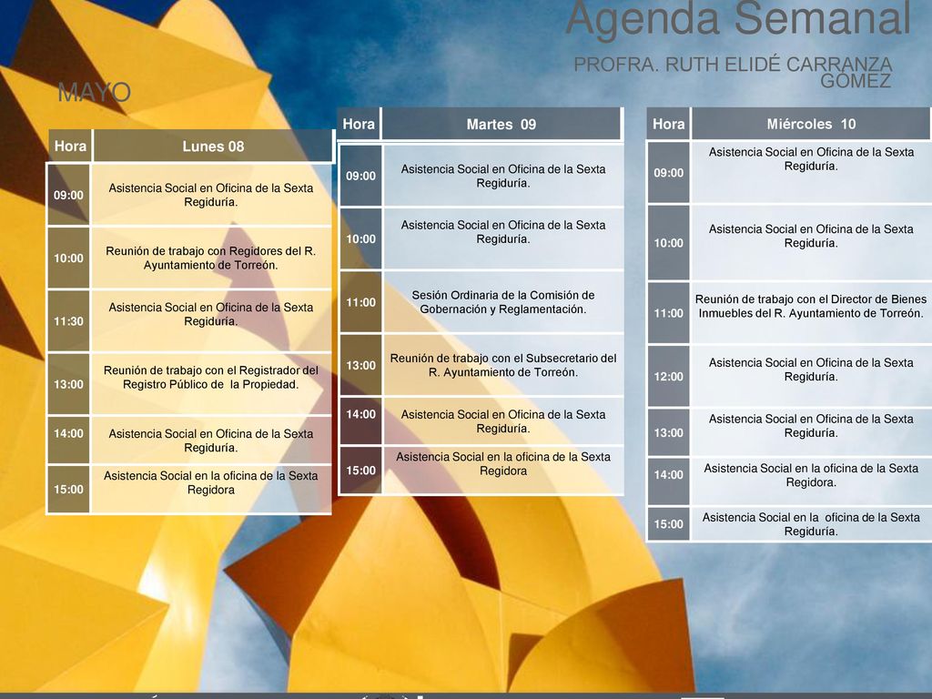 Agenda Semanal MAYO Cabildo Torreón PROFRA. RUTH ELIDÉ CARRANZA GÓMEZ