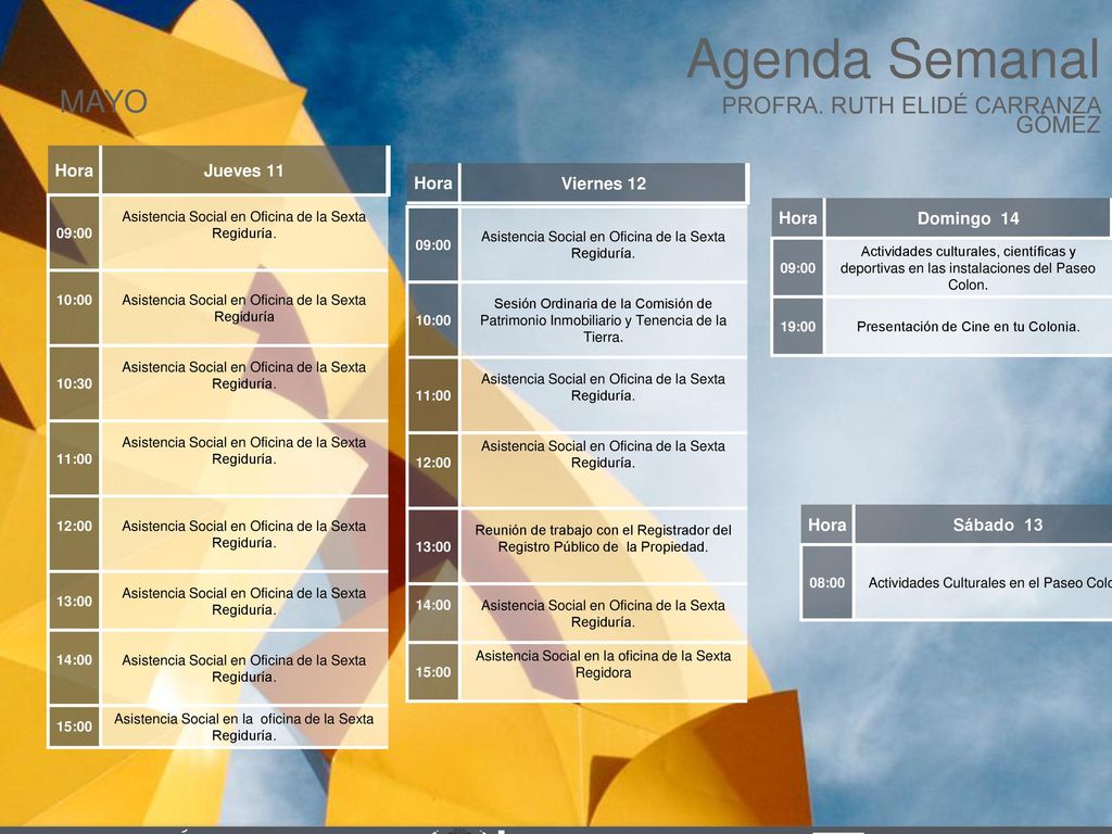 Agenda Semanal MAYO Cabildo Torreón PROFRA. RUTH ELIDÉ CARRANZA GÓMEZ
