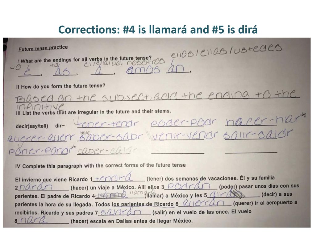 Corrections: #4 is llamará and #5 is dirá