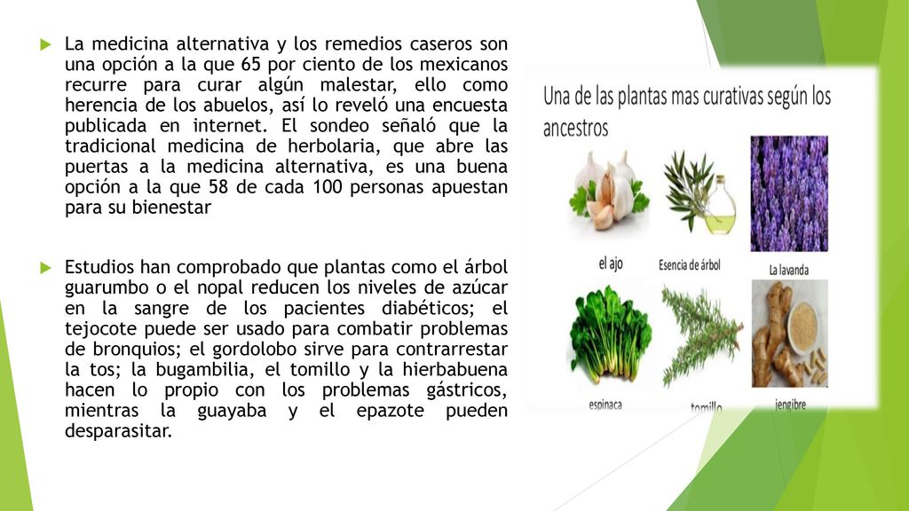 La medicina alternativa y los remedios caseros son una opción a la que 65 por ciento de los mexicanos recurre para curar algún malestar, ello como herencia de los abuelos, así lo reveló una encuesta publicada en internet. El sondeo señaló que la tradicional medicina de herbolaria, que abre las puertas a la medicina alternativa, es una buena opción a la que 58 de cada 100 personas apuestan para su bienestar