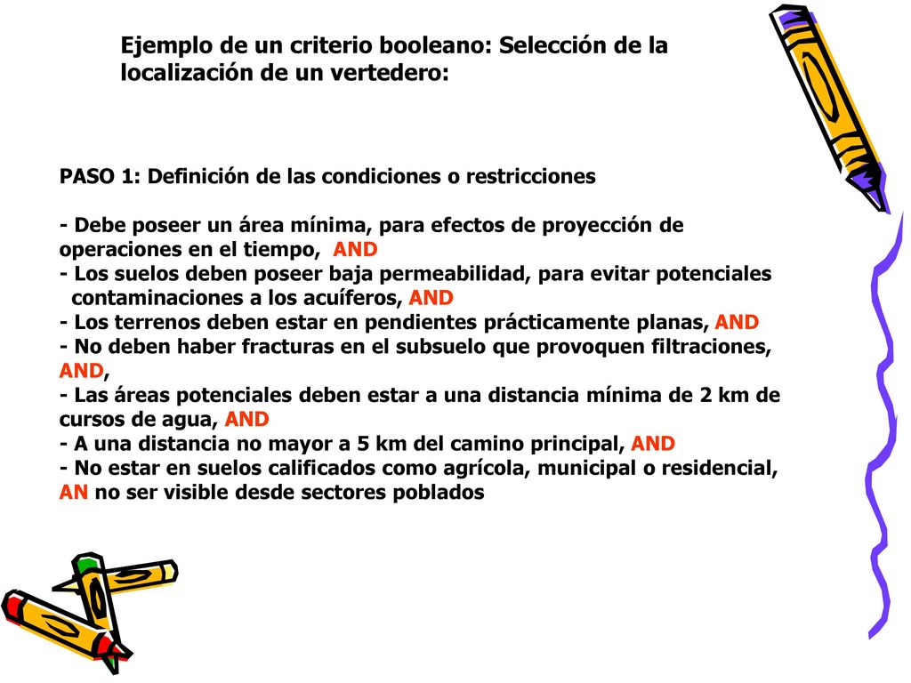 Ejemplo de un criterio booleano: Selección de la localización de un vertedero: