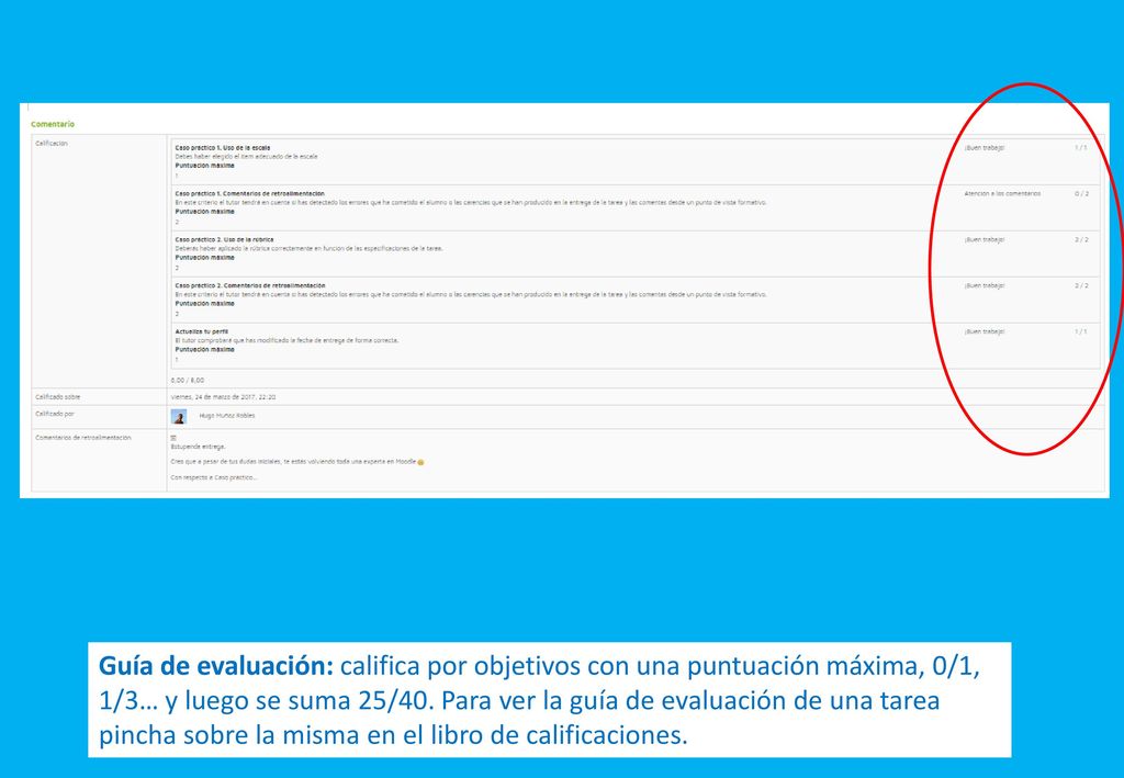 Guía de evaluación: califica por objetivos con una puntuación máxima, 0/1, 1/3… y luego se suma 25/40.