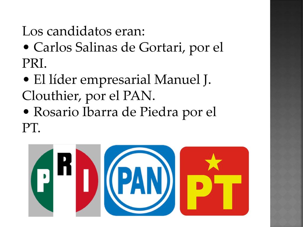 Los candidatos eran: • Carlos Salinas de Gortari, por el PRI. • El líder empresarial Manuel J. Clouthier, por el PAN.