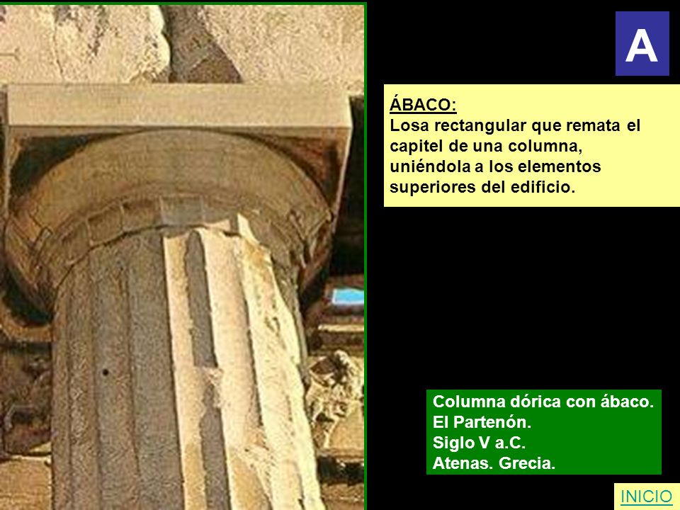 A ÁBACO: Losa rectangular que remata el capitel de una columna,