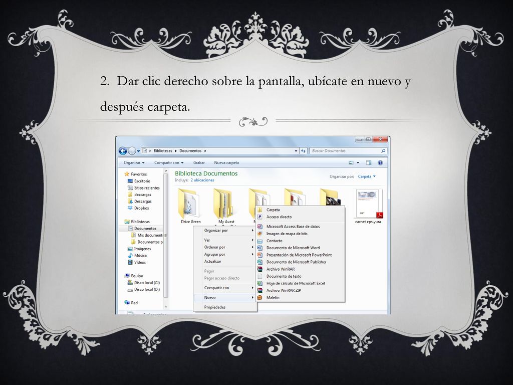 2. Dar clic derecho sobre la pantalla, ubícate en nuevo y después carpeta.