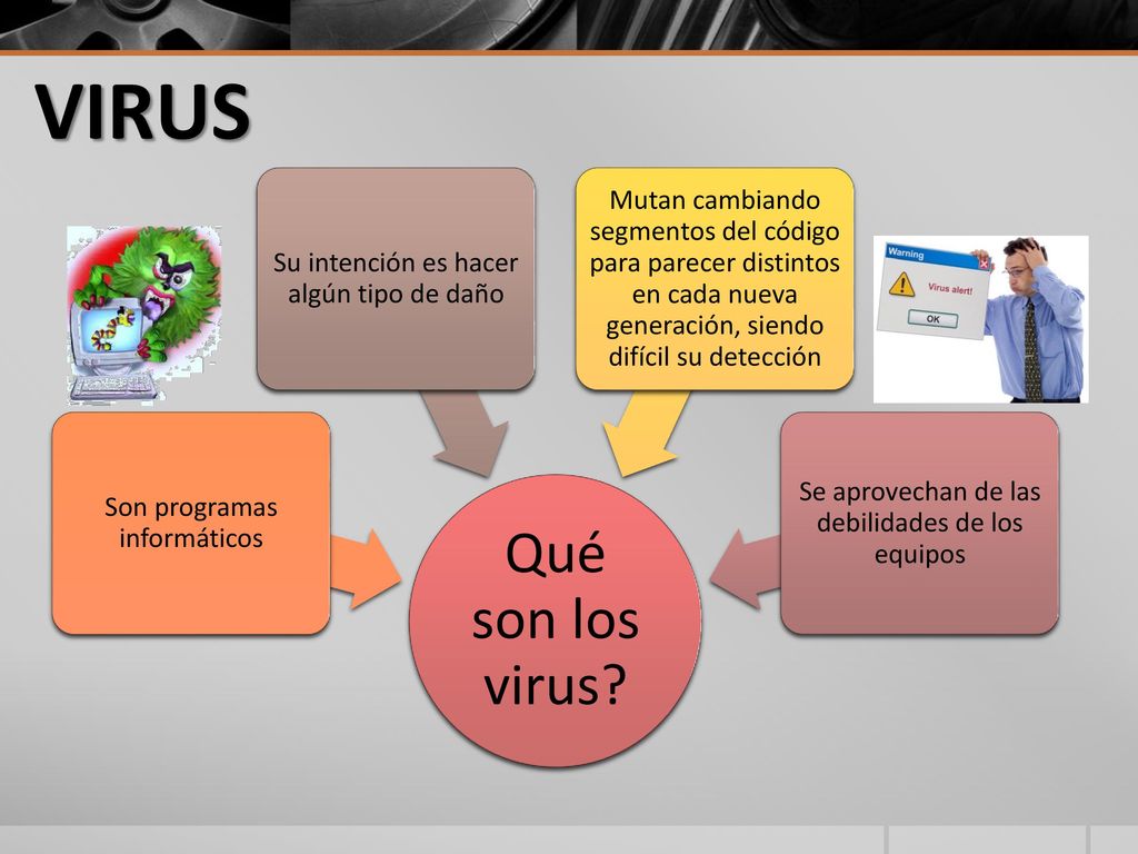 VIRUS Qué son los virus Son programas informáticos. Su intención es hacer algún tipo de daño.