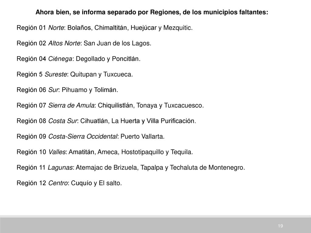Ahora bien, se informa separado por Regiones, de los municipios faltantes: