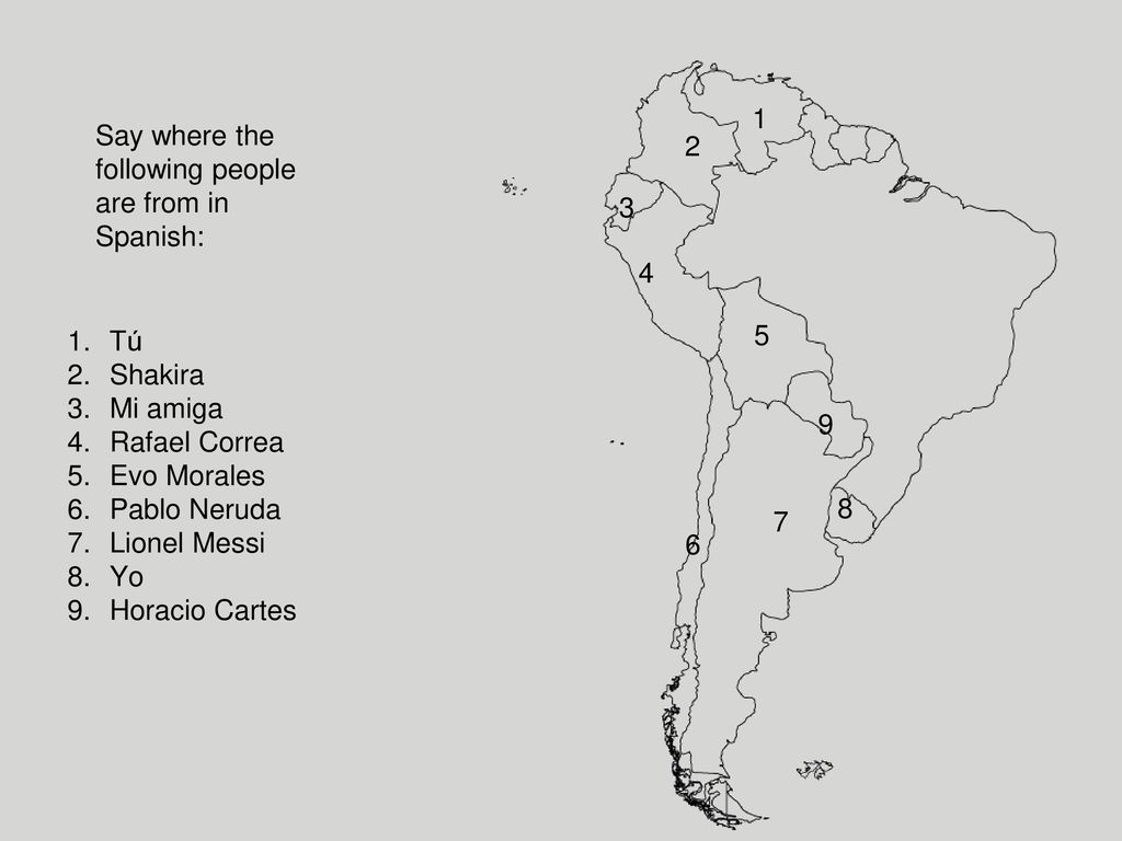 1 Say where the following people are from in Spanish: Tú. Shakira. Mi amiga. Rafael Correa.