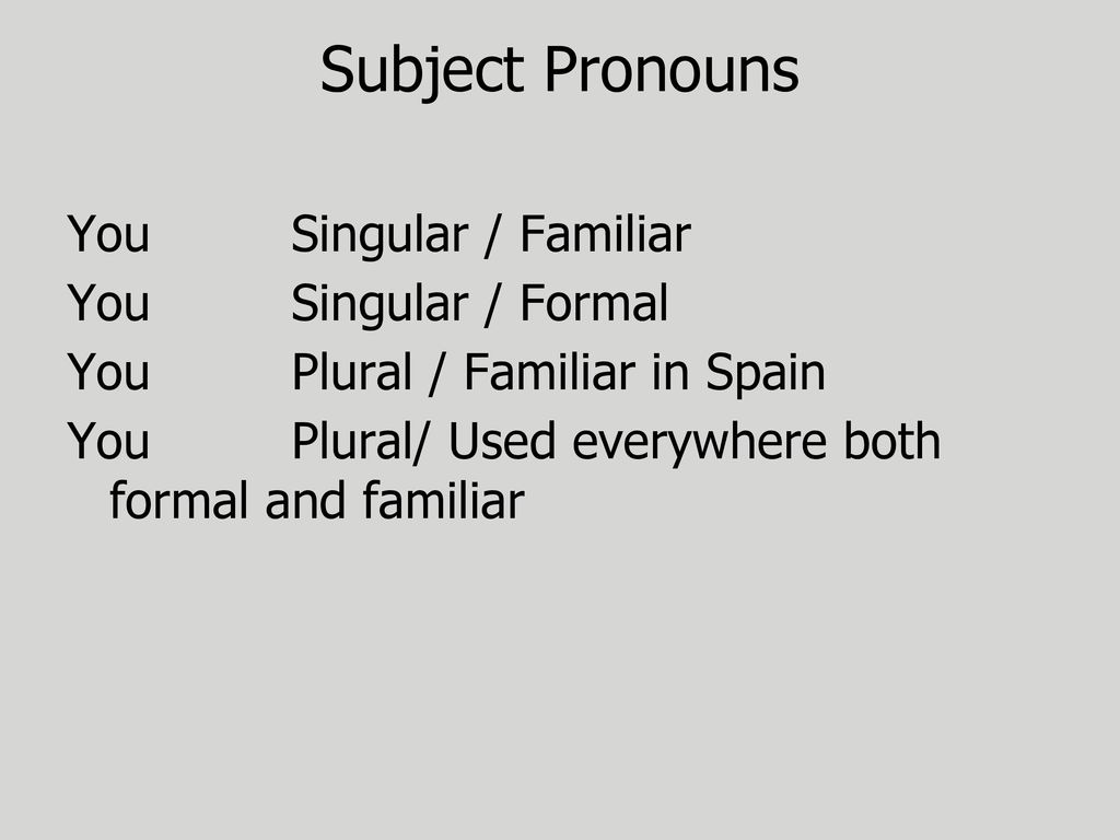 Subject Pronouns You Singular / Familiar You Singular / Formal