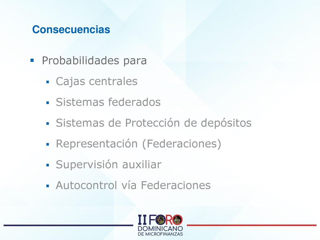 Consecuencias Probabilidades para. Cajas centrales. Sistemas federados. Sistemas de Protección de depósitos.