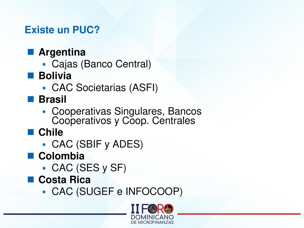 Existe un PUC Argentina. Cajas (Banco Central) Bolivia. CAC Societarias (ASFI) Brasil.