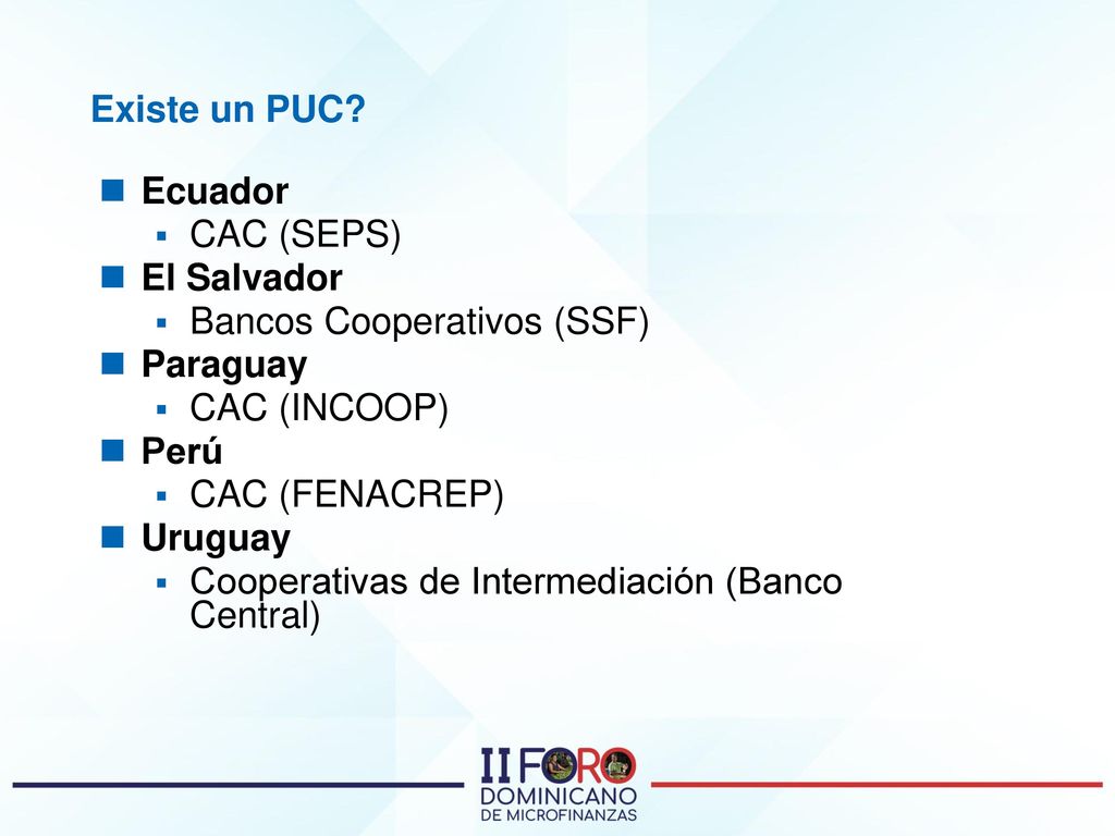 Existe un PUC Ecuador. CAC (SEPS) El Salvador. Bancos Cooperativos (SSF) Paraguay. CAC (INCOOP)