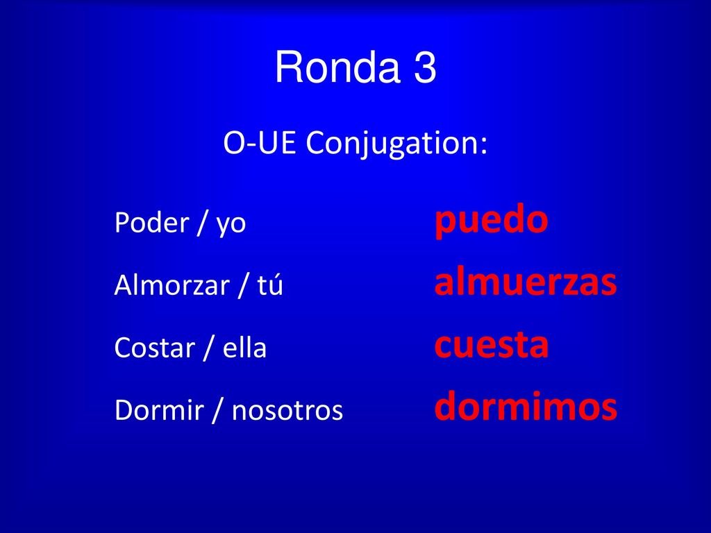 Ronda 3 O-UE Conjugation: Poder / yo puedo Almorzar / tú almuerzas
