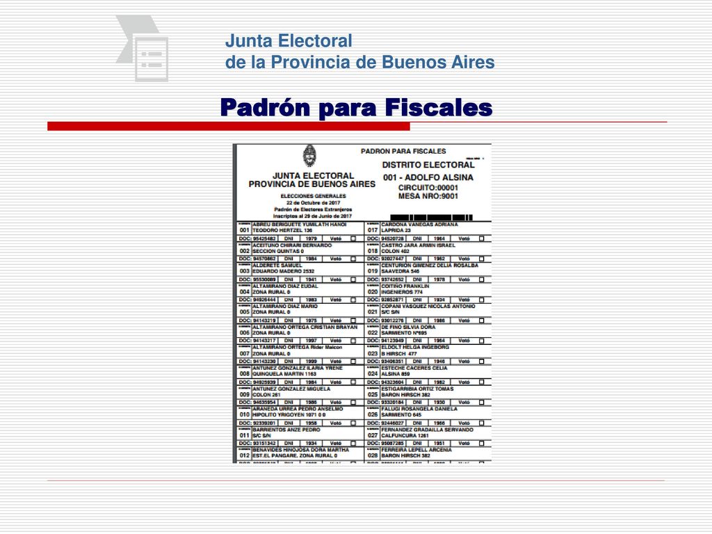 Junta Electoral de la Provincia de Buenos Aires Padrón para Fiscales