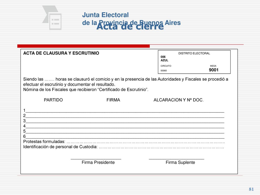 Acta de cierre Junta Electoral de la Provincia de Buenos Aires