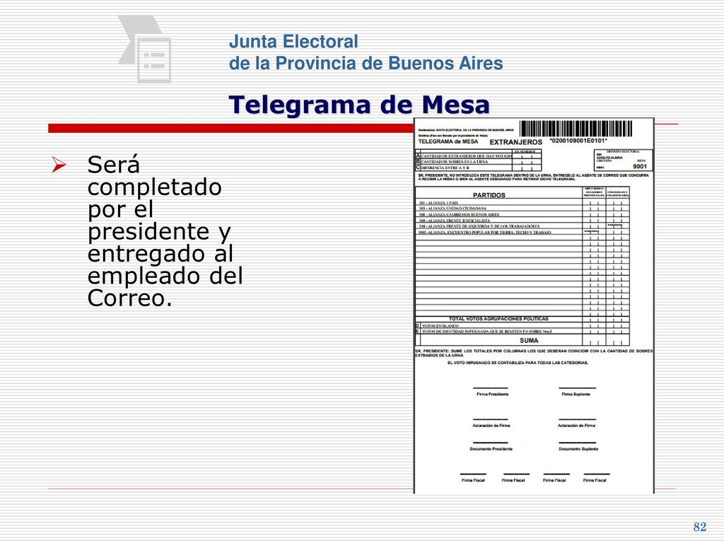 Junta Electoral de la Provincia de Buenos Aires. Telegrama de Mesa.