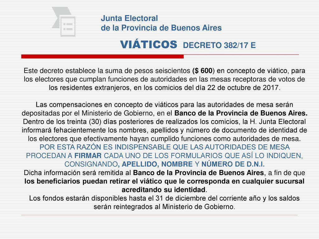 VIÁTICOS Junta Electoral de la Provincia de Buenos Aires