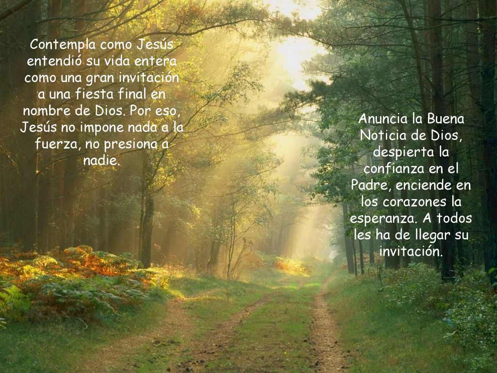 Contempla como Jesús entendió su vida entera como una gran invitación a una fiesta final en nombre de Dios. Por eso, Jesús no impone nada a la fuerza, no presiona a nadie.