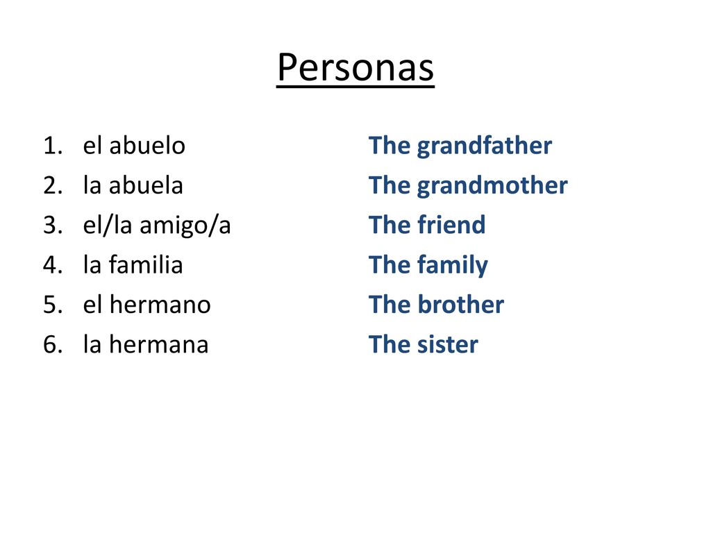 Personas el abuelo la abuela el/la amigo/a la familia el hermano