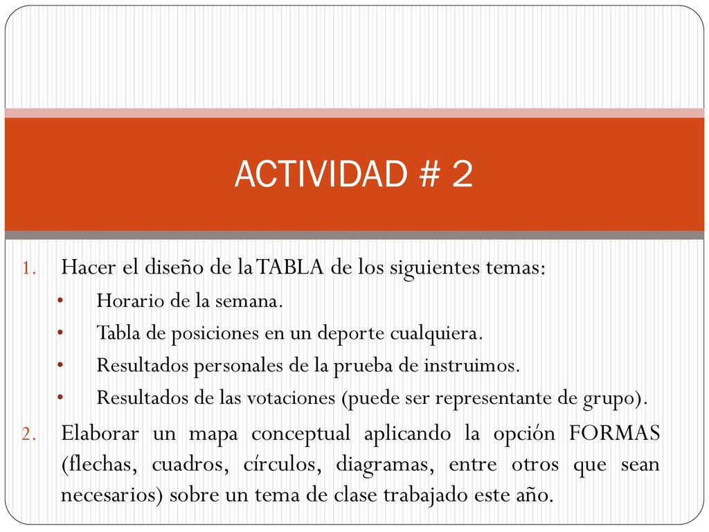 ACTIVIDAD # 2 Hacer el diseño de la TABLA de los siguientes temas: