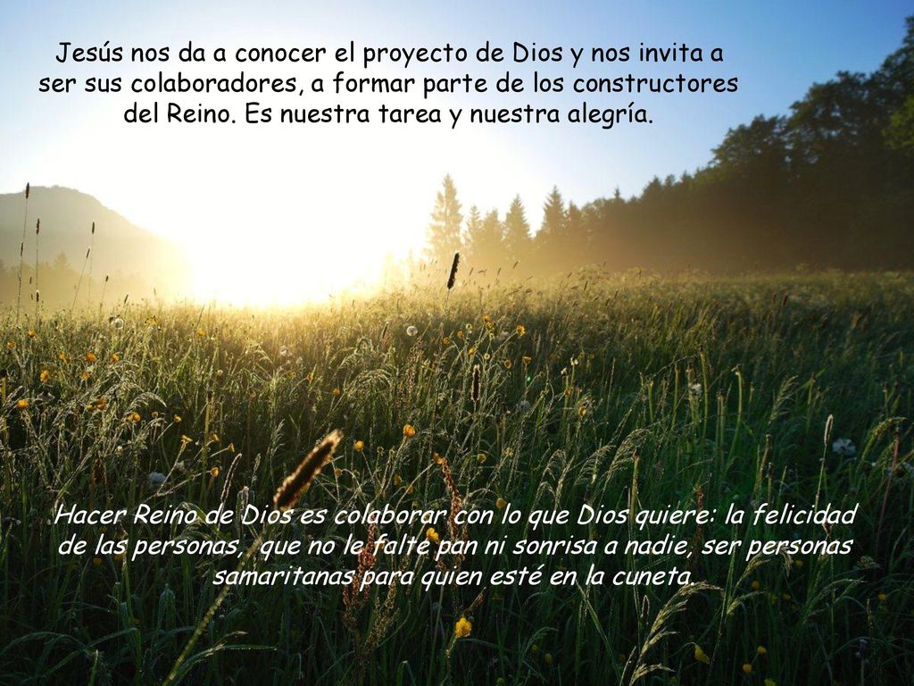 Jesús nos da a conocer el proyecto de Dios y nos invita a ser sus colaboradores, a formar parte de los constructores del Reino. Es nuestra tarea y nuestra alegría.