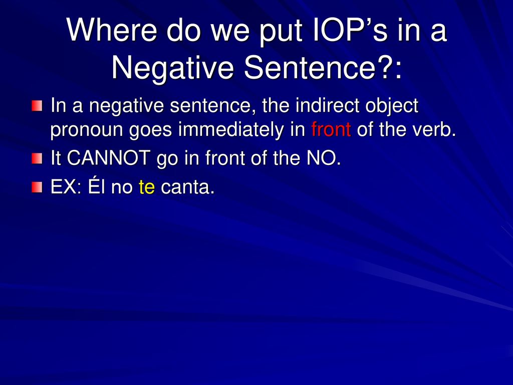 Where do we put IOP’s in a Negative Sentence :