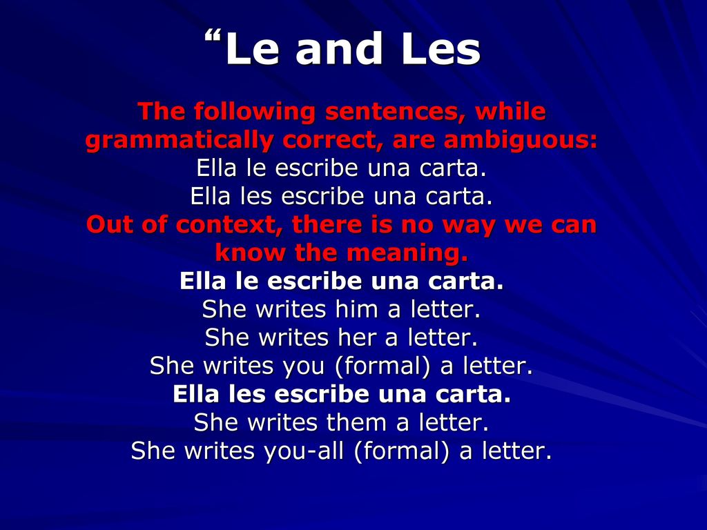 Le and Les The following sentences, while grammatically correct, are ambiguous: Ella le escribe una carta.