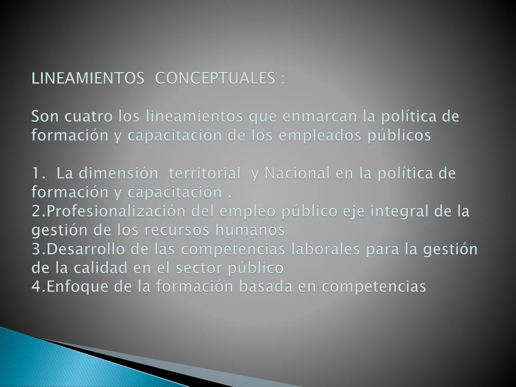 LINEAMIENTOS CONCEPTUALES : Son cuatro los lineamientos que enmarcan la política de formación y capacitación de los empleados públicos 1.