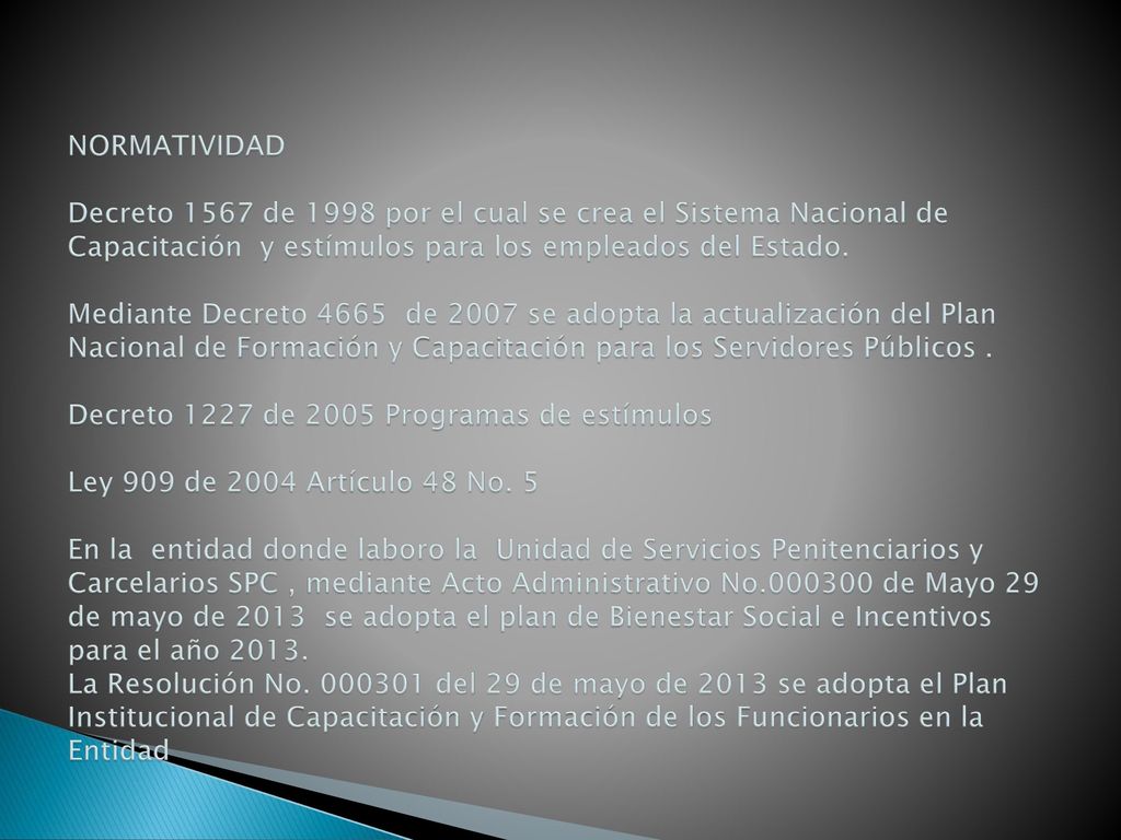 NORMATIVIDAD Decreto 1567 de 1998 por el cual se crea el Sistema Nacional de Capacitación y estímulos para los empleados del Estado.