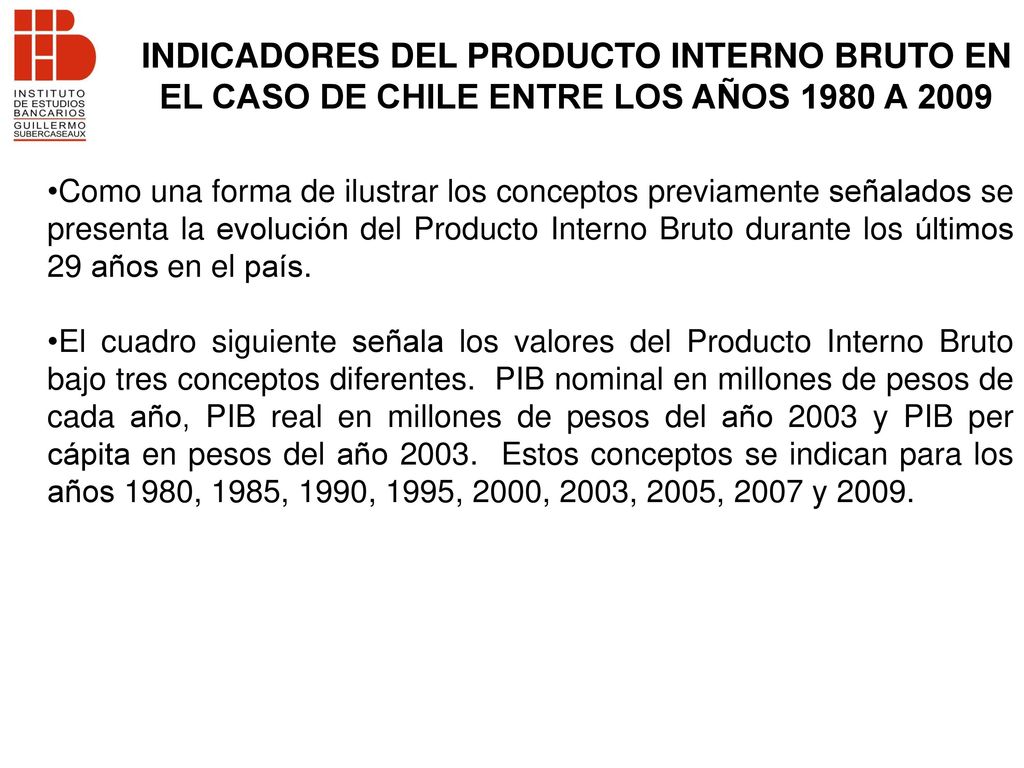 INDICADORES DEL PRODUCTO INTERNO BRUTO EN EL CASO DE CHILE ENTRE LOS AÑOS 1980 A 2009