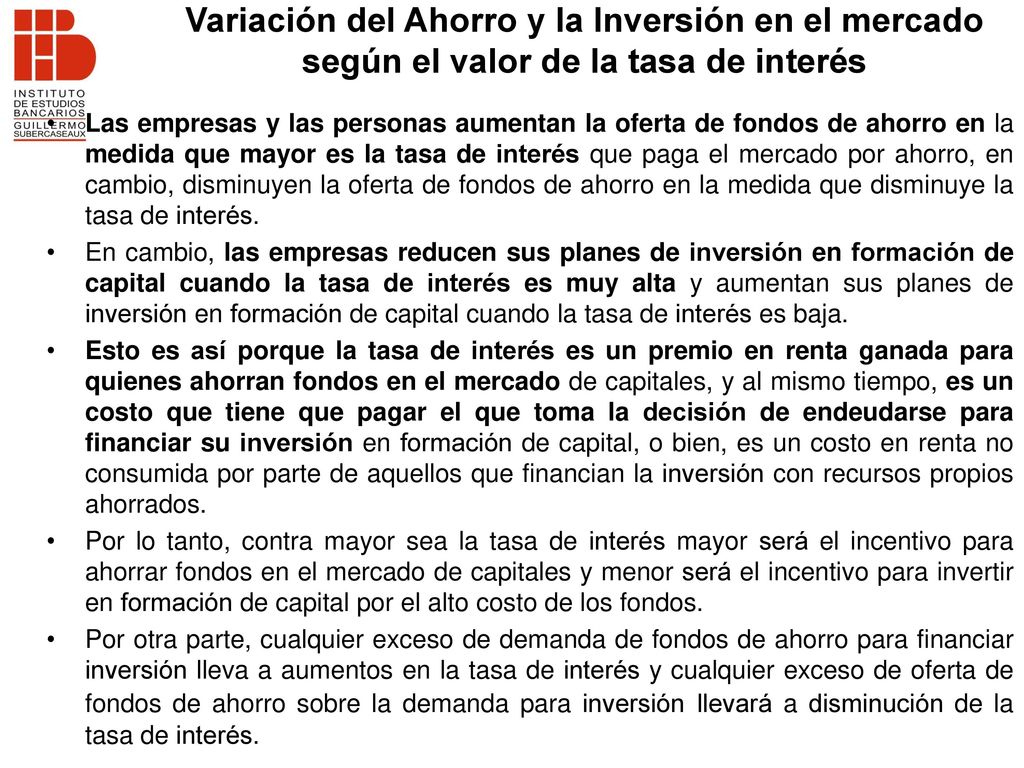 Variación del Ahorro y la Inversión en el mercado según el valor de la tasa de interés