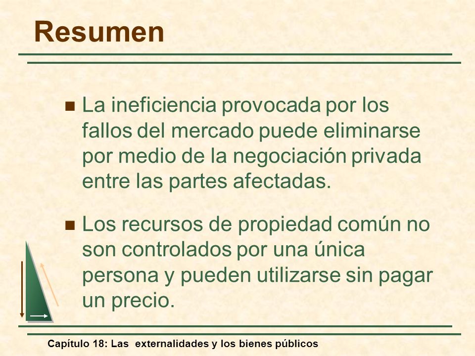 Resumen La ineficiencia provocada por los fallos del mercado puede eliminarse por medio de la negociación privada entre las partes afectadas.