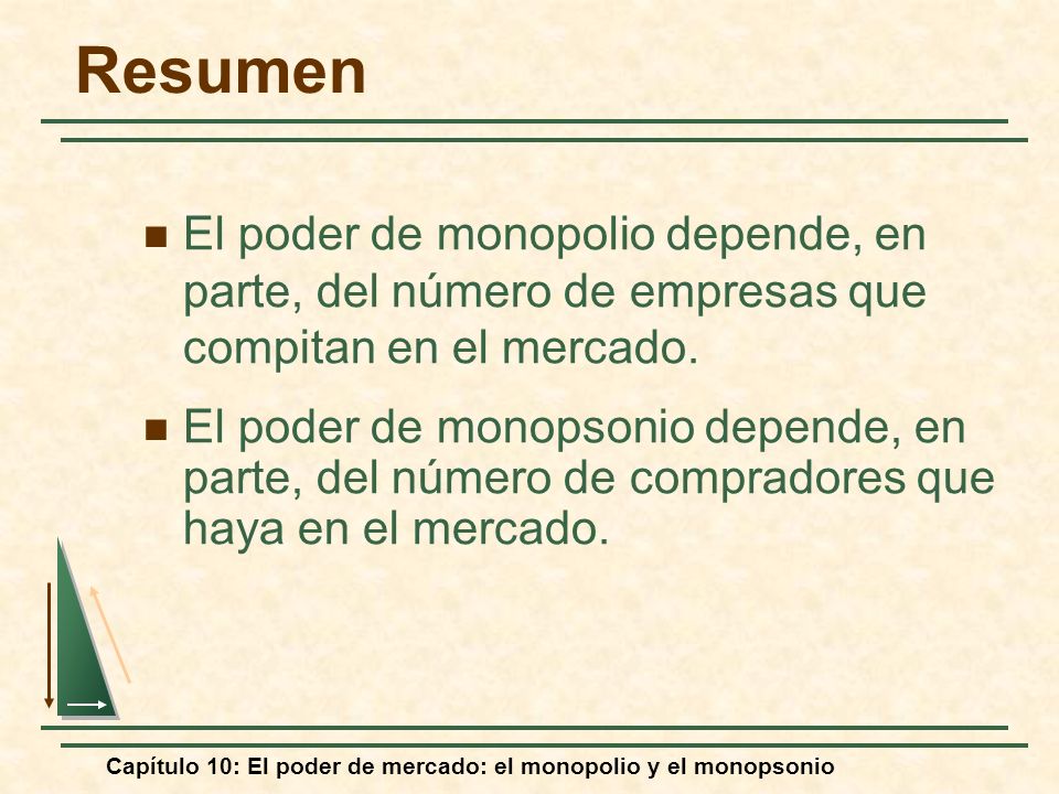 Resumen El poder de monopolio depende, en parte, del número de empresas que compitan en el mercado.